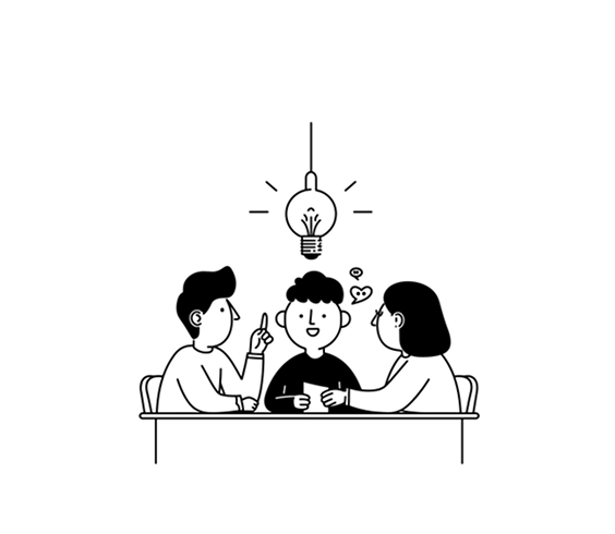 電球の下で求人について相談しているイラスト